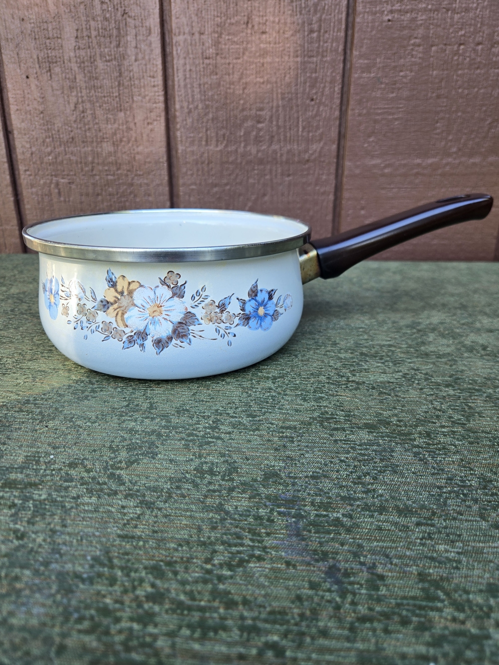 Vintage Floral White Enamel Saucepan